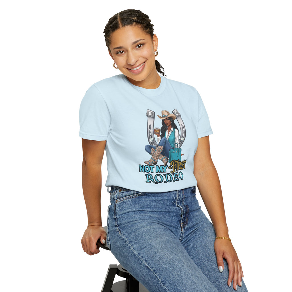 African American Cowgirl Rodeo Themed Rhinestone Shirt, 'Not My First Rodeo' Western Style Top, Rodeo Shirt, Boots On The Ground Tee