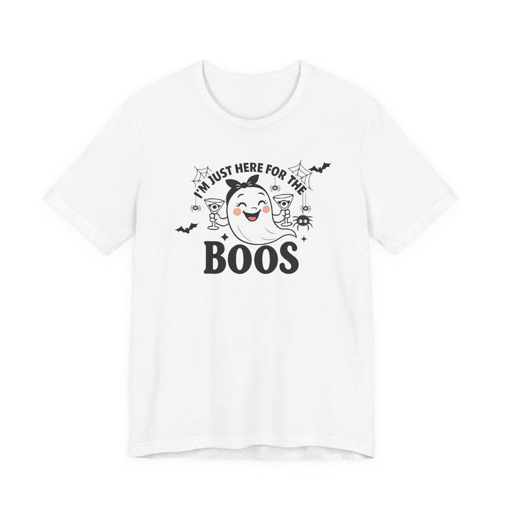 I'm Just Here For The Boos Ghost Tee, Unisex Funny T-Shirt for Parties, Cute Spooky Shirt, Gift for Trick-or-Treaters, Casual Fall Wear