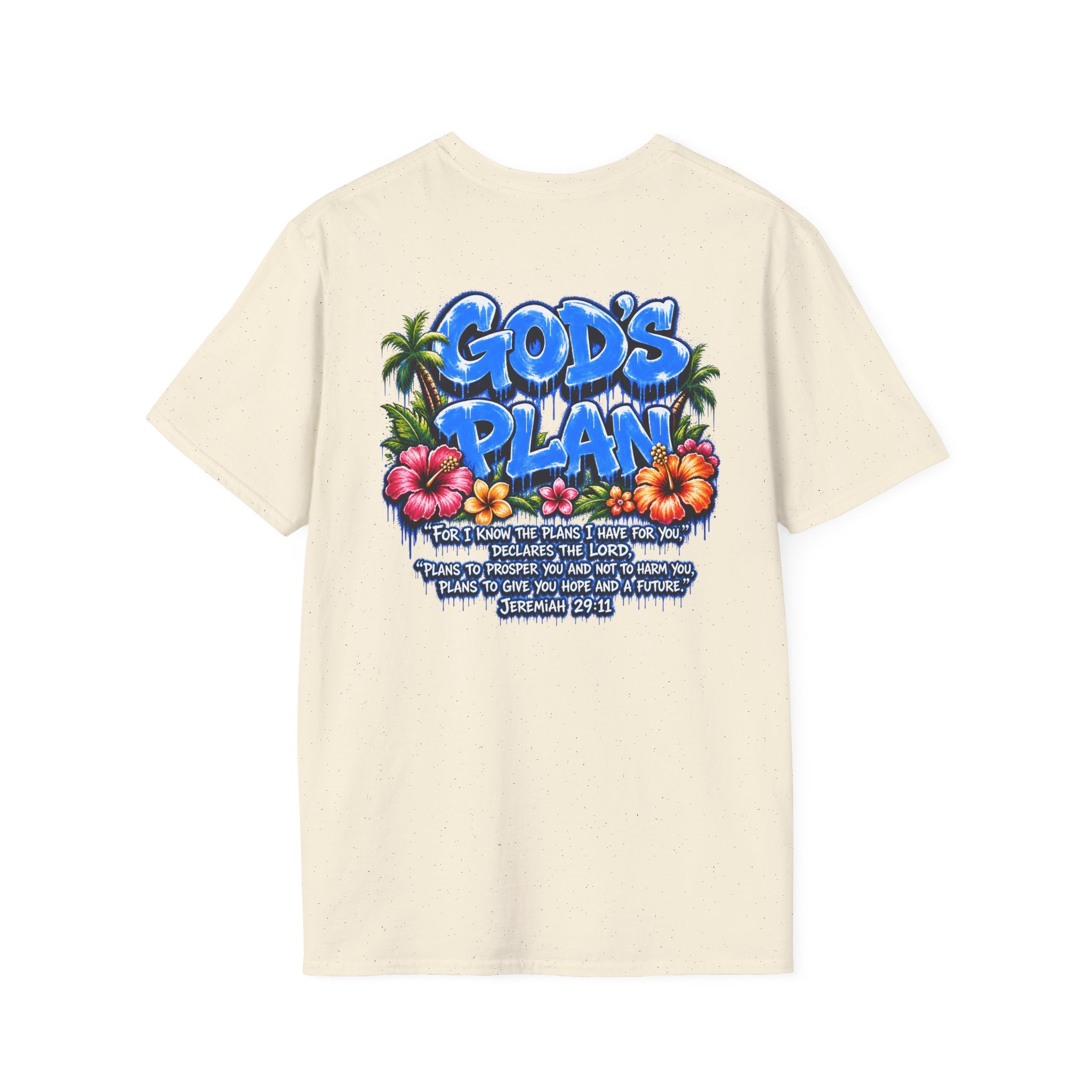 God’s Plan Jeremiah 29:11 Tee, Palm Tree and Floral Print, Front and Back Design Christian shirt