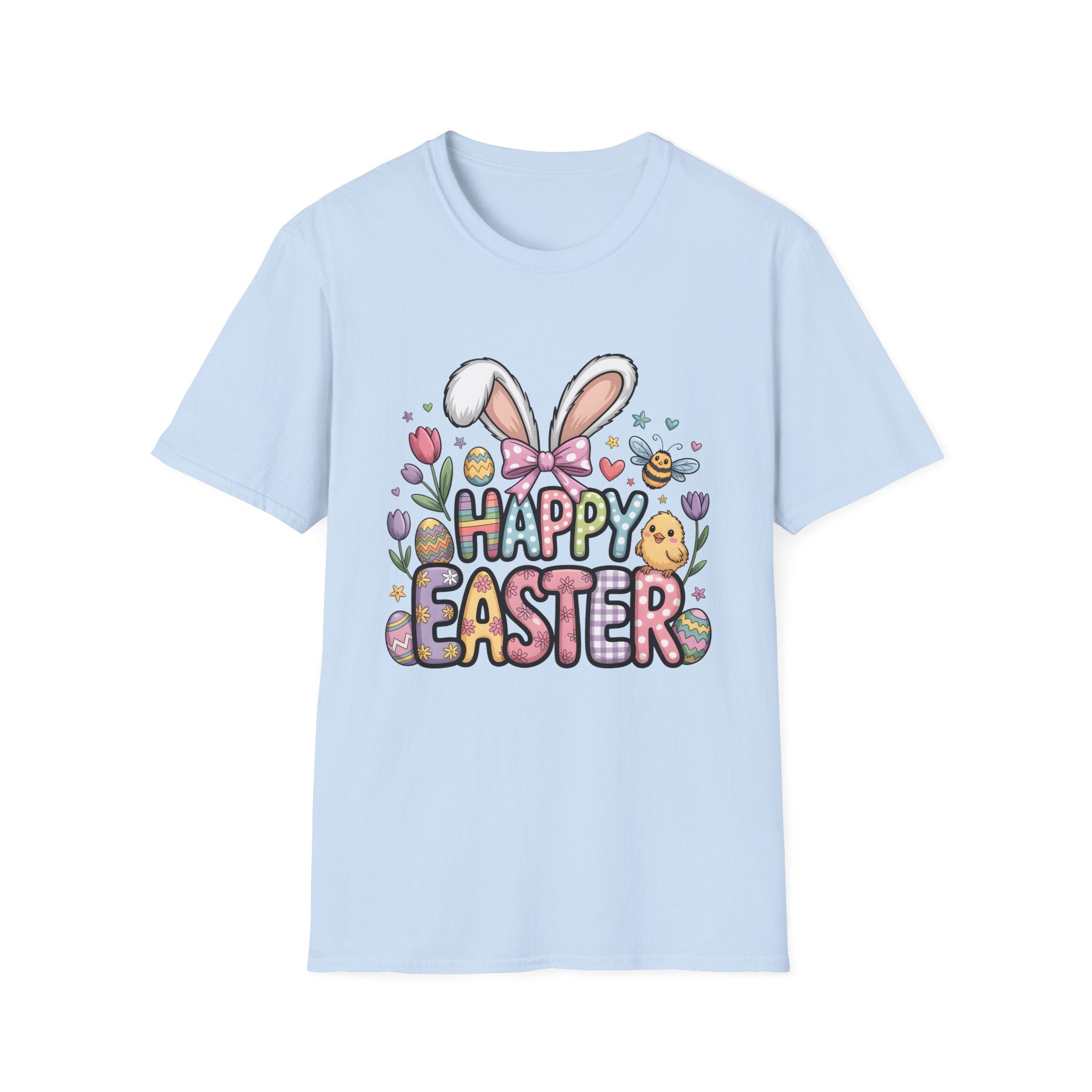 Happy Easter Bunny Ears T-Shirt | Pastel Eggs, Chicks & Flowers