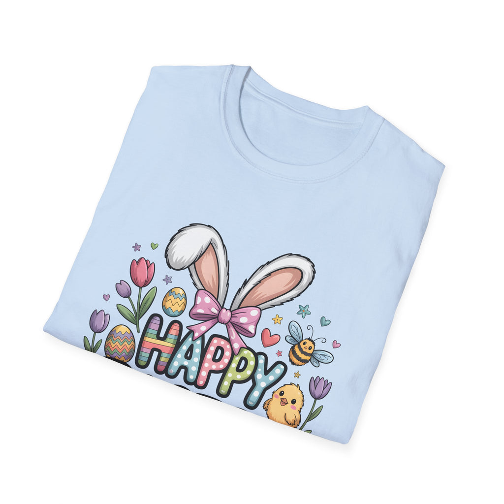 Happy Easter Bunny Ears T-Shirt | Pastel Eggs, Chicks & Flowers