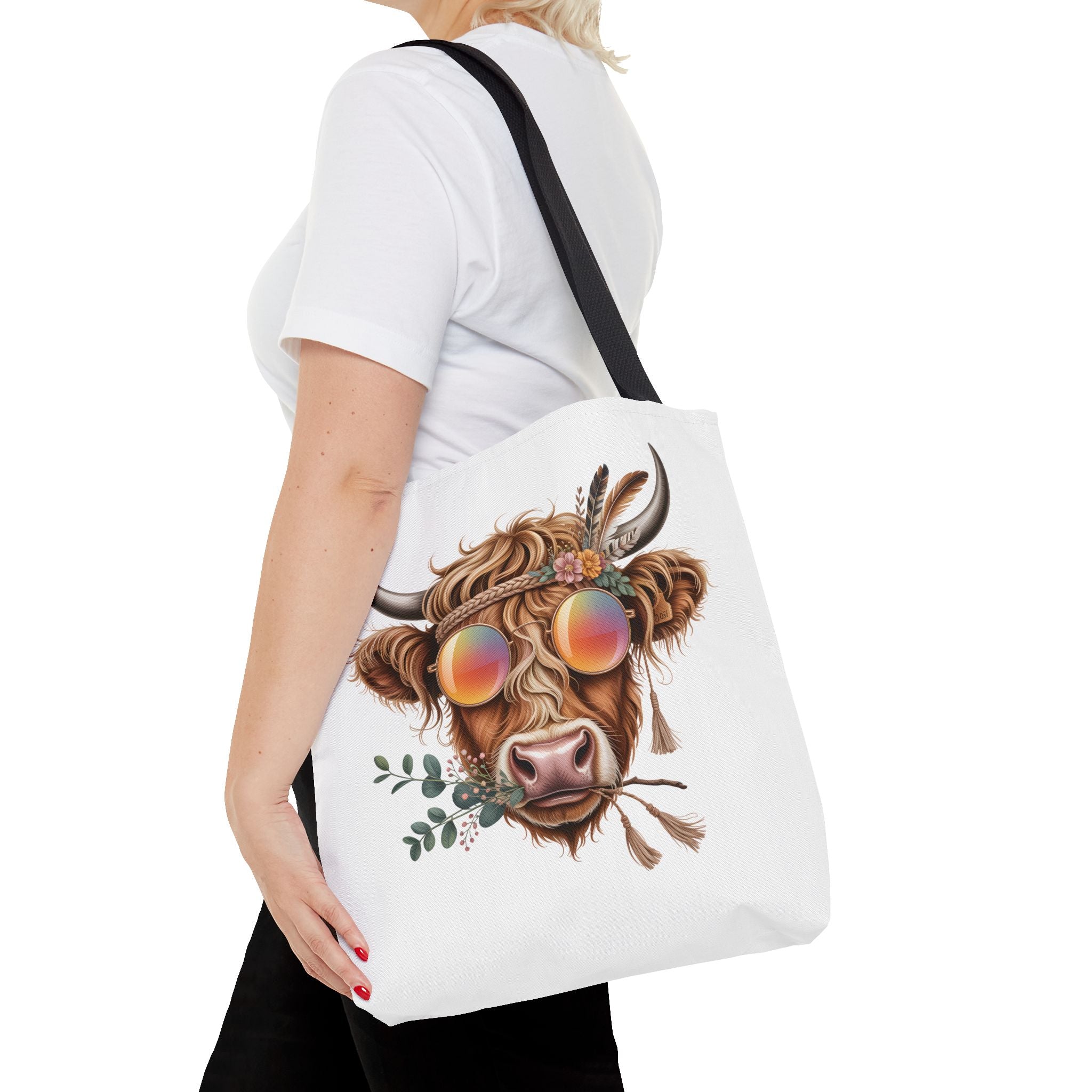 Hippie Highland Cow Tote Bag | Boho Cow with Sunglasses and Floral Accents