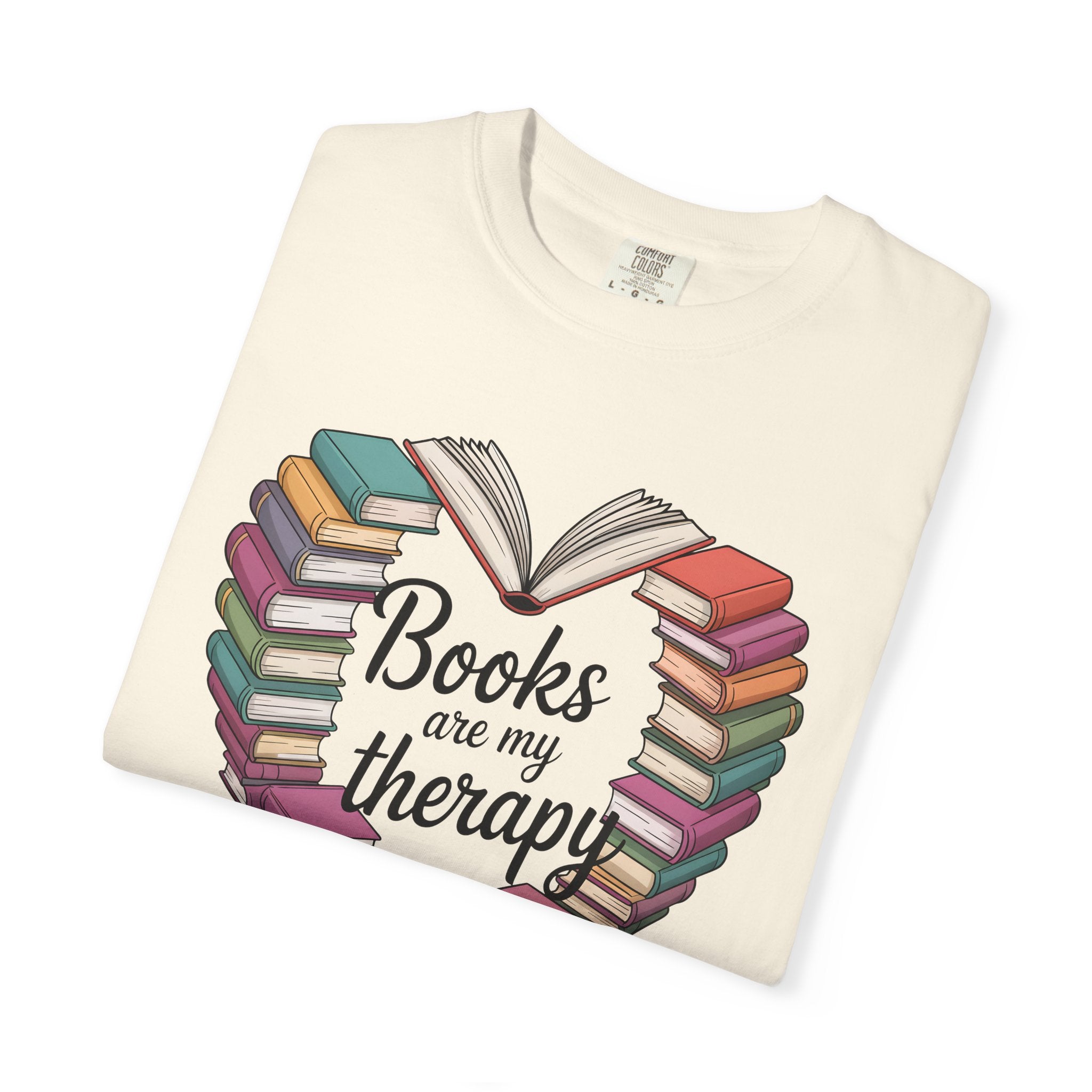 Books Are My Therapy Comfort Colors T-Shirt | Heart Stack of Colorful Books Design