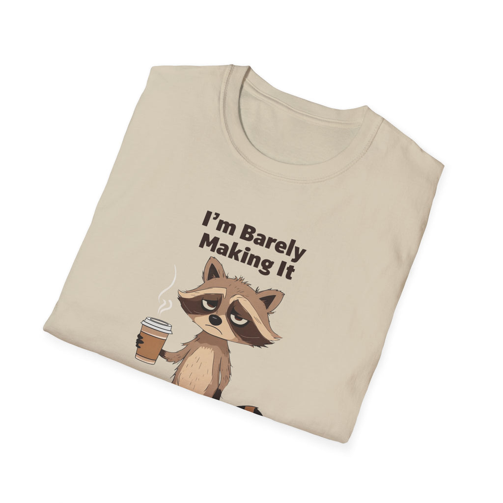 Funny Raccoon T-Shirt, Unisex Softstyle Tee, Humor Shirt, Coffee Lover Gift, Quirky Graphic Tee, Relaxed Fit Casual Wear