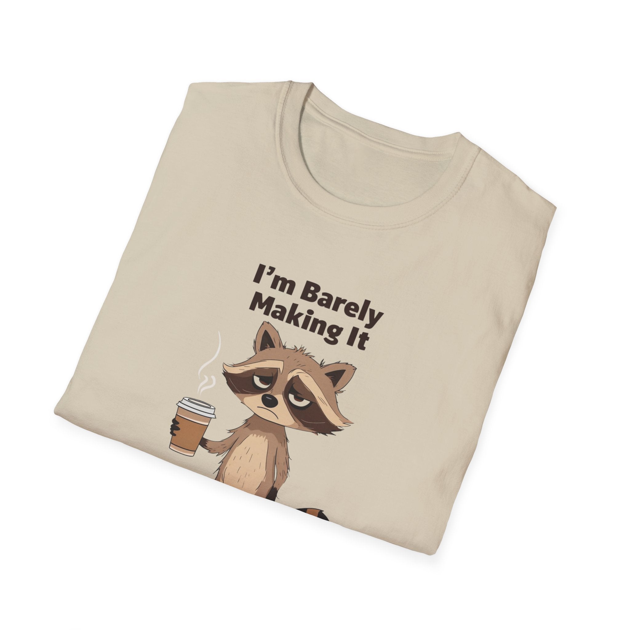 Funny Raccoon T-Shirt, Unisex Softstyle Tee, Humor Shirt, Coffee Lover Gift, Quirky Graphic Tee, Relaxed Fit Casual Wear