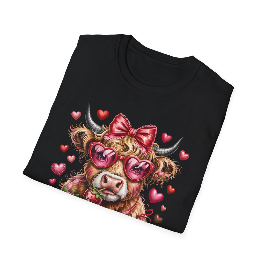 Valentine Highland Cow T-Shirt — Cute Cow with Heart Sunglasses & Bow