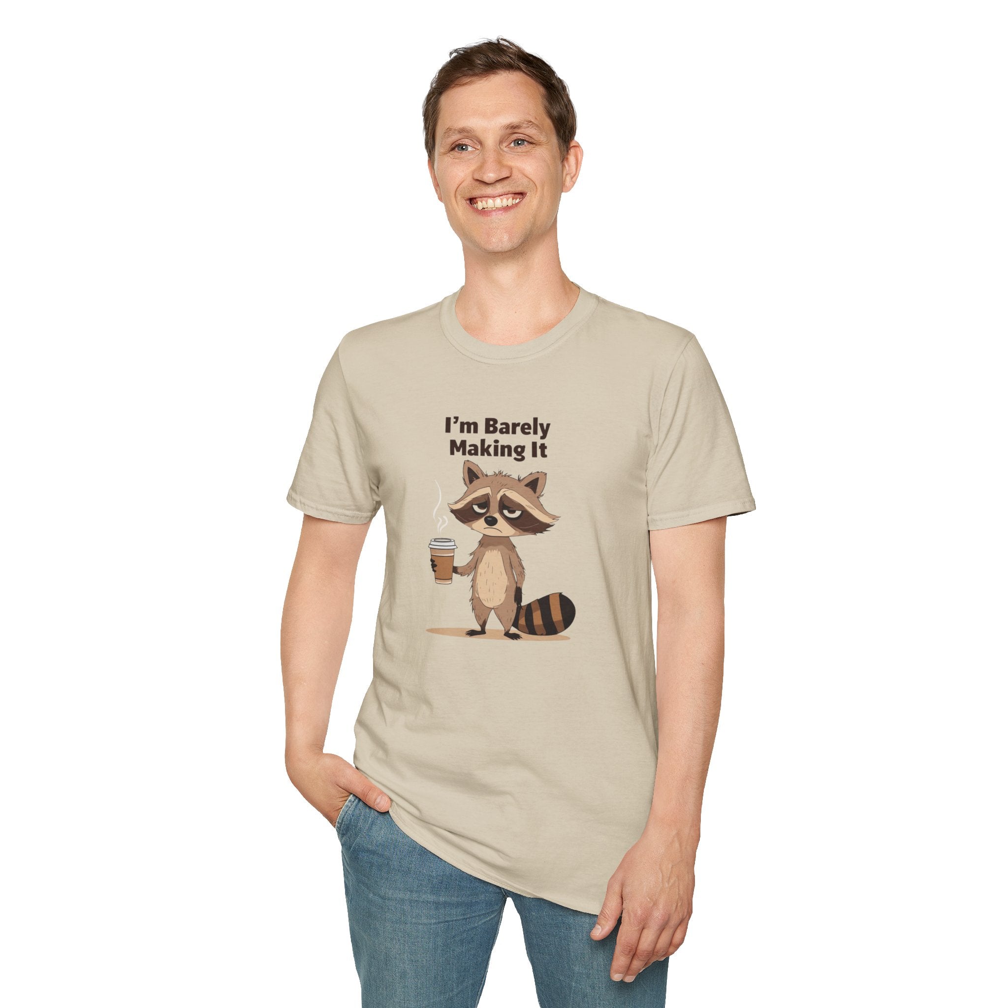 Funny Raccoon T-Shirt, Unisex Softstyle Tee, Humor Shirt, Coffee Lover Gift, Quirky Graphic Tee, Relaxed Fit Casual Wear