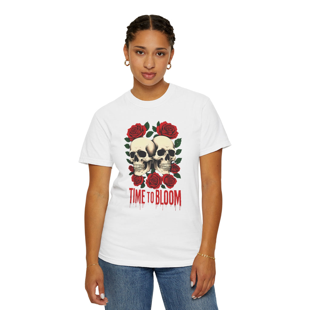 Stylish Skull & Rose Unisex T-shirt, Grunge Tee, Unisex Casual Wear, Unique Graphic Top, Gift for Goths, Time to Bloom Apparel