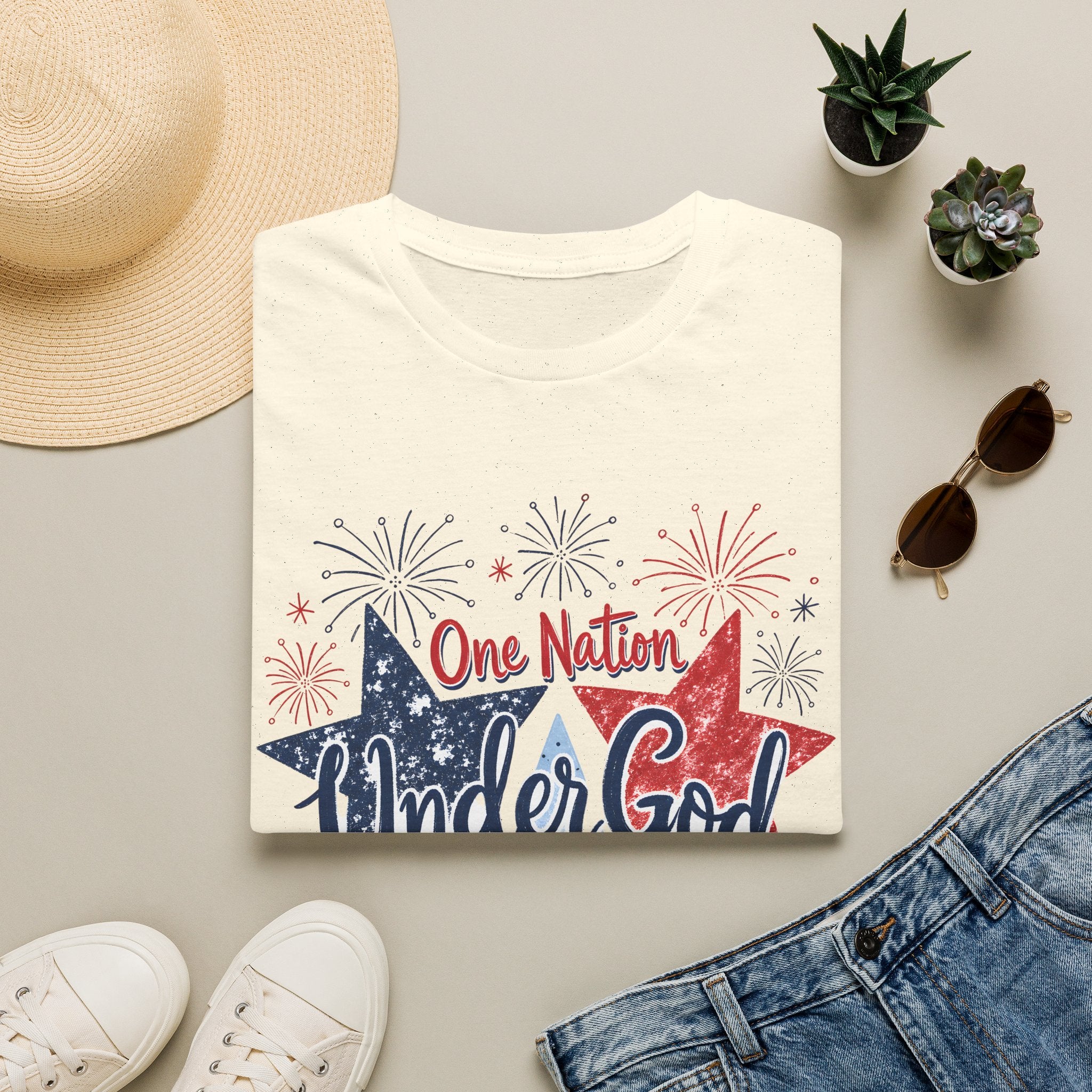 One Nation Under God T-Shirt | Patriotic Stars Fireworks Psalm 91:2