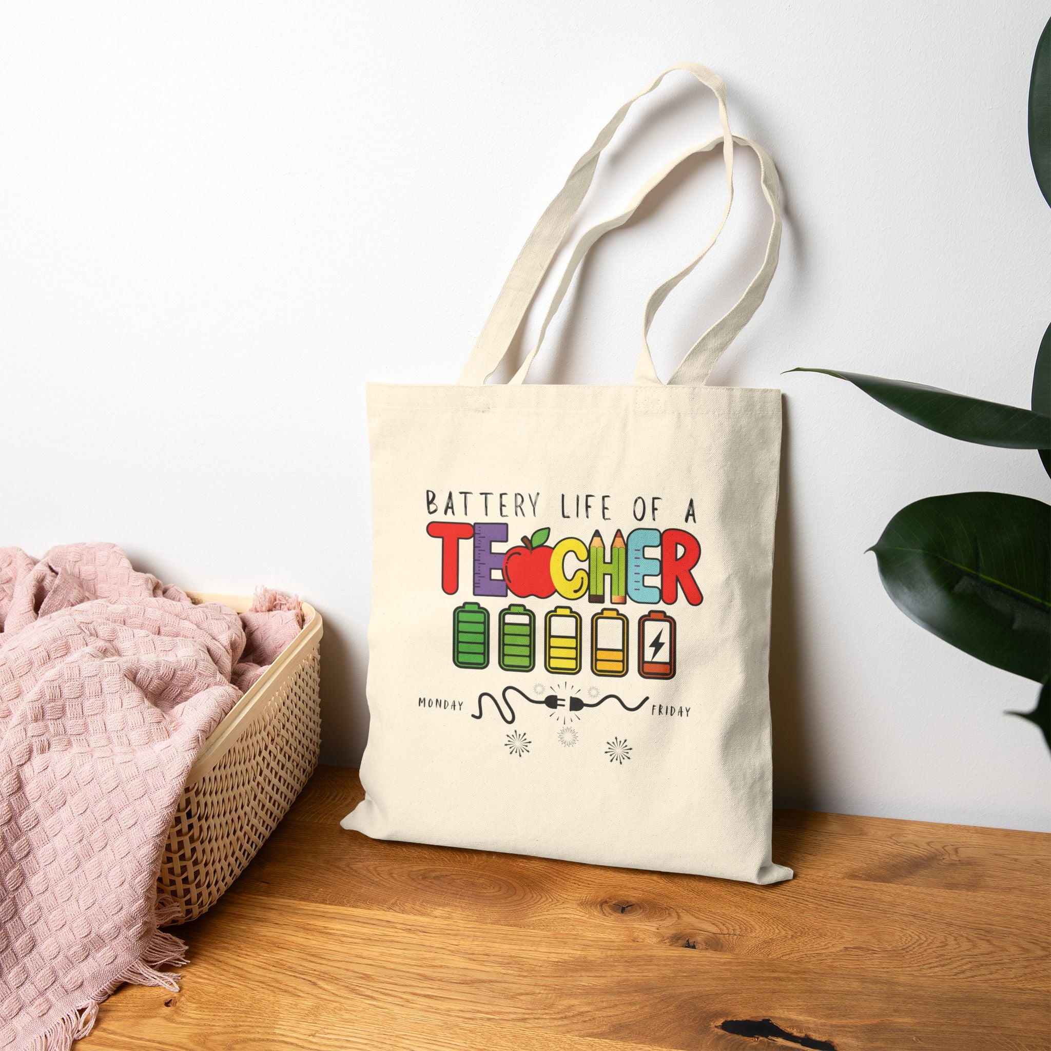 Battery Life of A Teacher Cotton Canvas Tote Bag, Eco-Friendly Teacher Gift, Classroom Supplies, Back to School, Funny Teacher Quote Bag