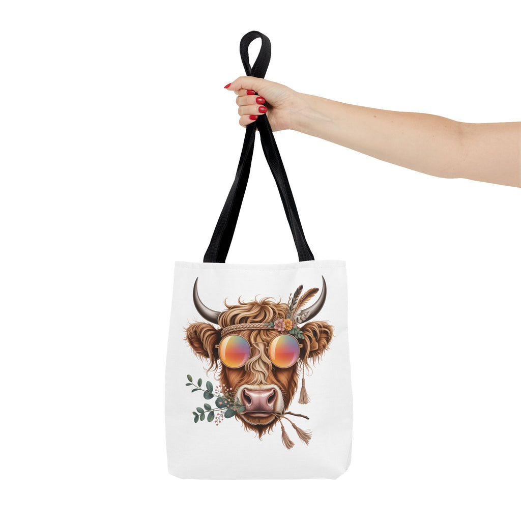 Hippie Highland Cow Tote Bag | Boho Cow with Sunglasses and Floral Accents