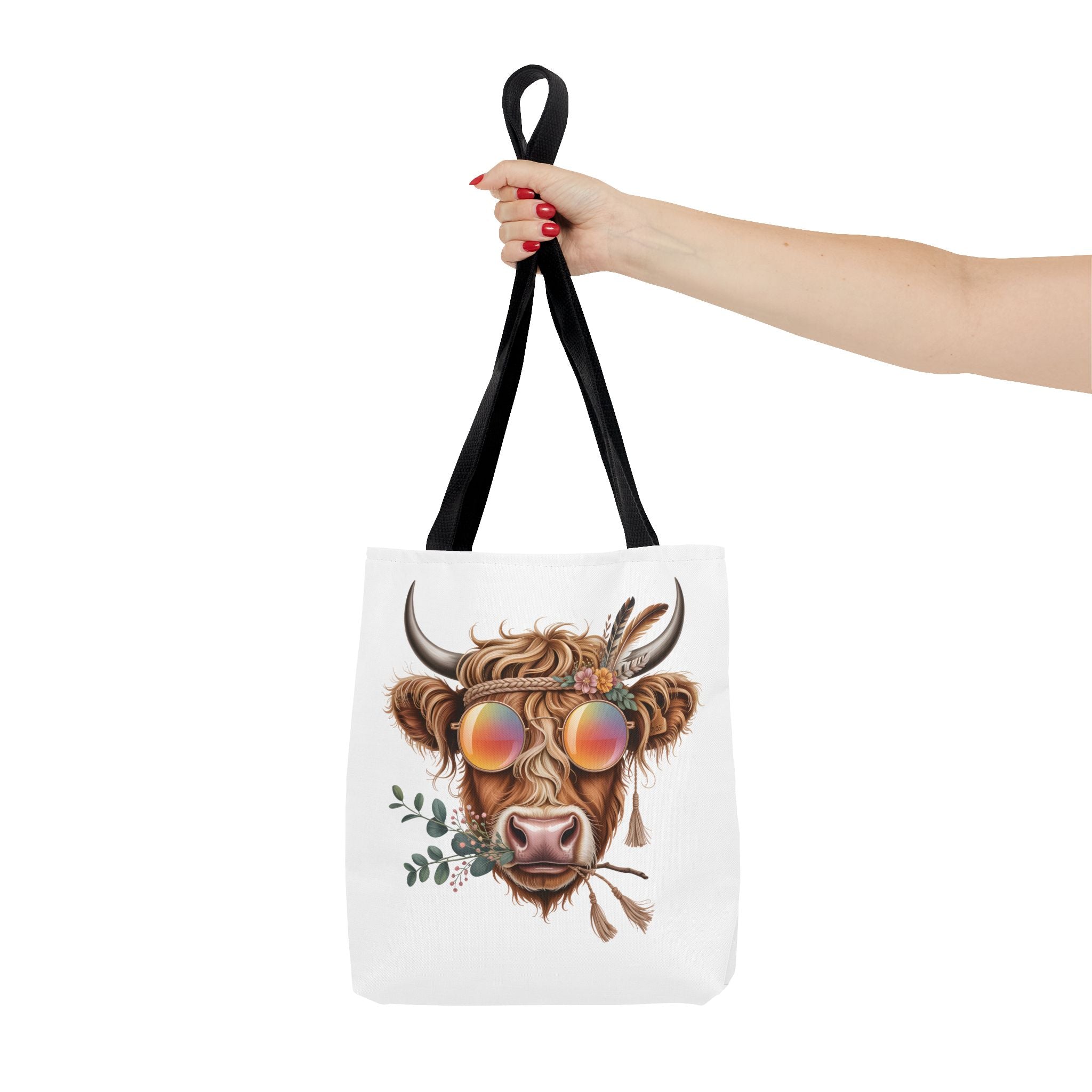 Hippie Highland Cow Tote Bag | Boho Cow with Sunglasses and Floral Accents