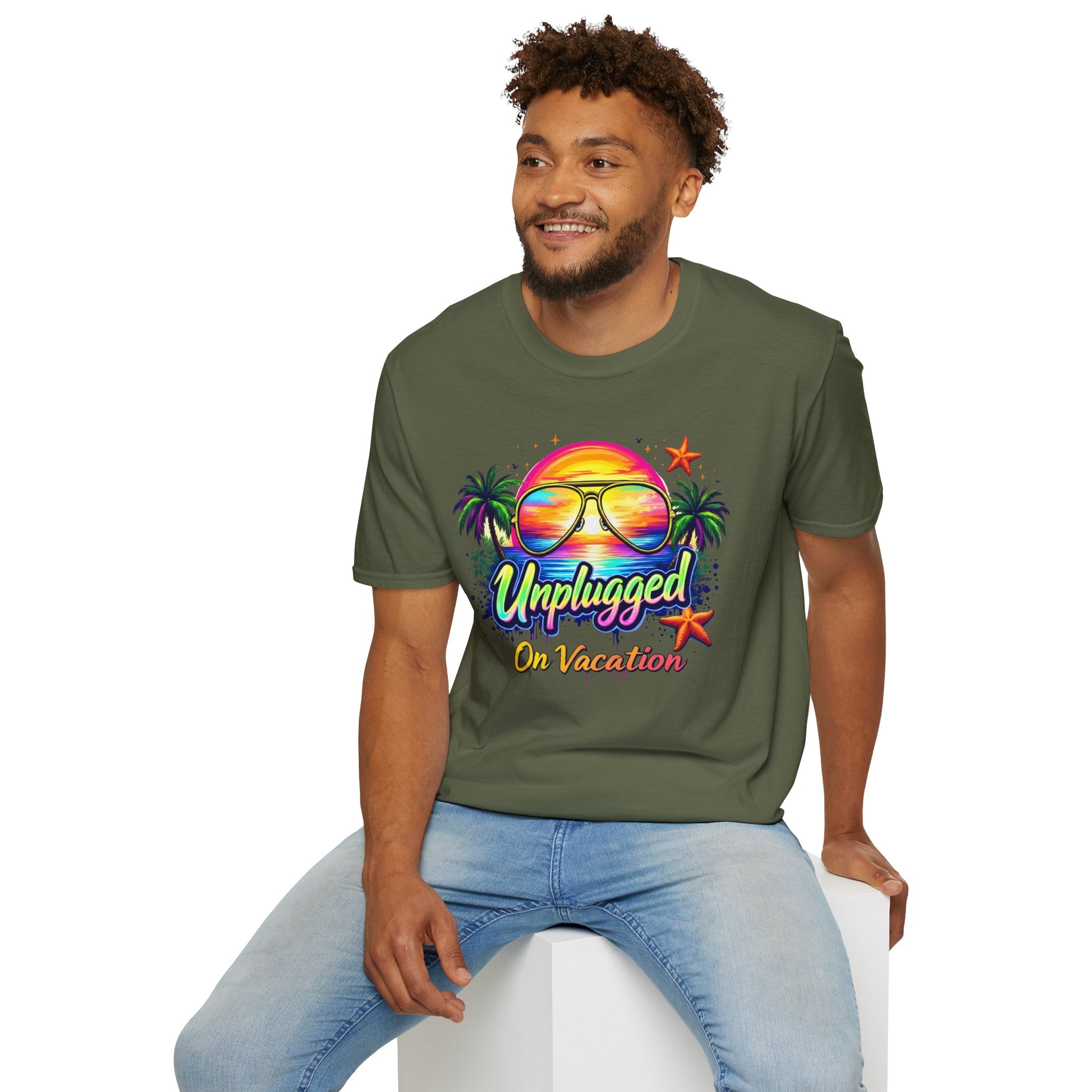 Beach Vacation T-Shirt — "Unplugged On Vacation" Tropical Sunglasses Beach Tee