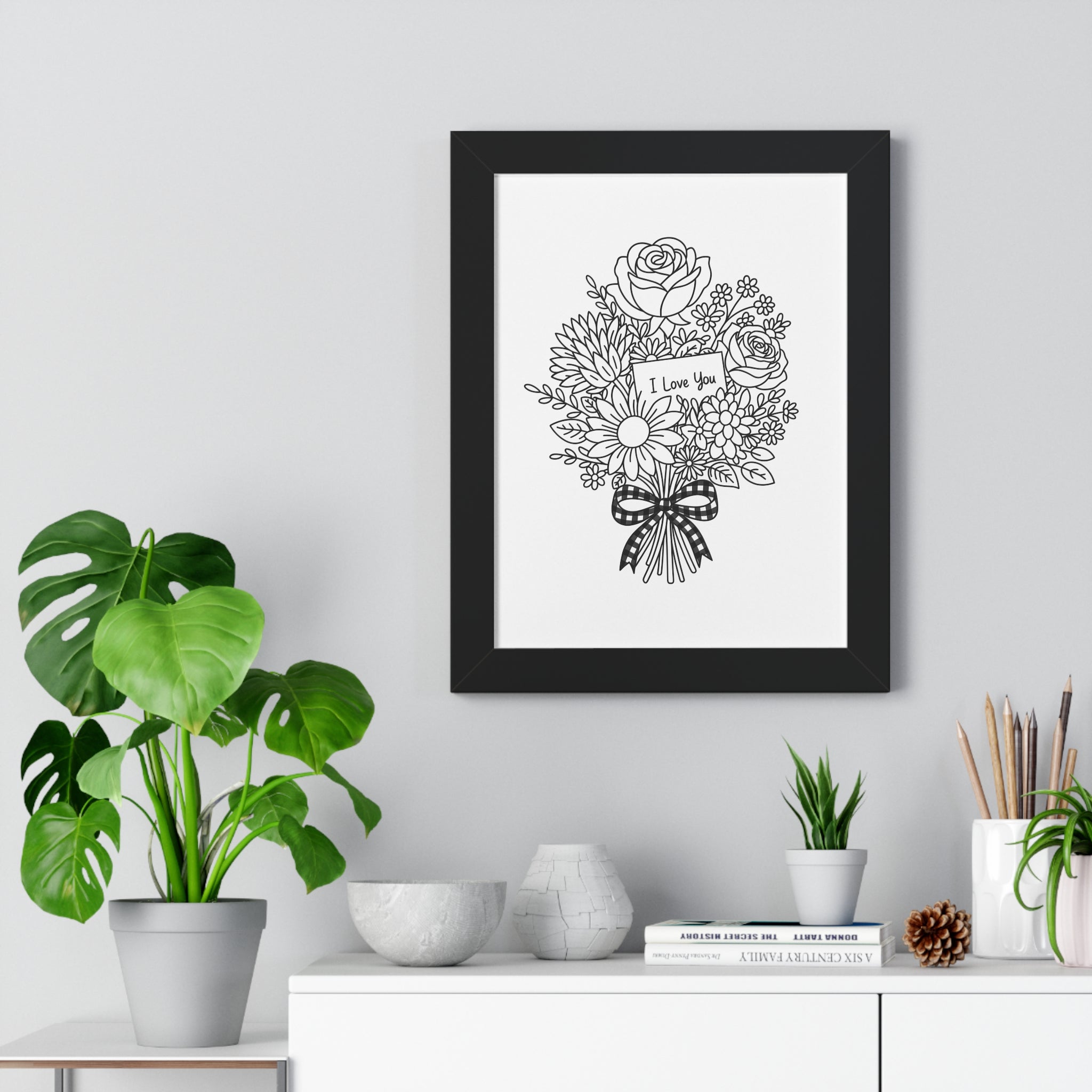 I Love You Bouquet Framed Poster | Floral Line Art Vertical Print