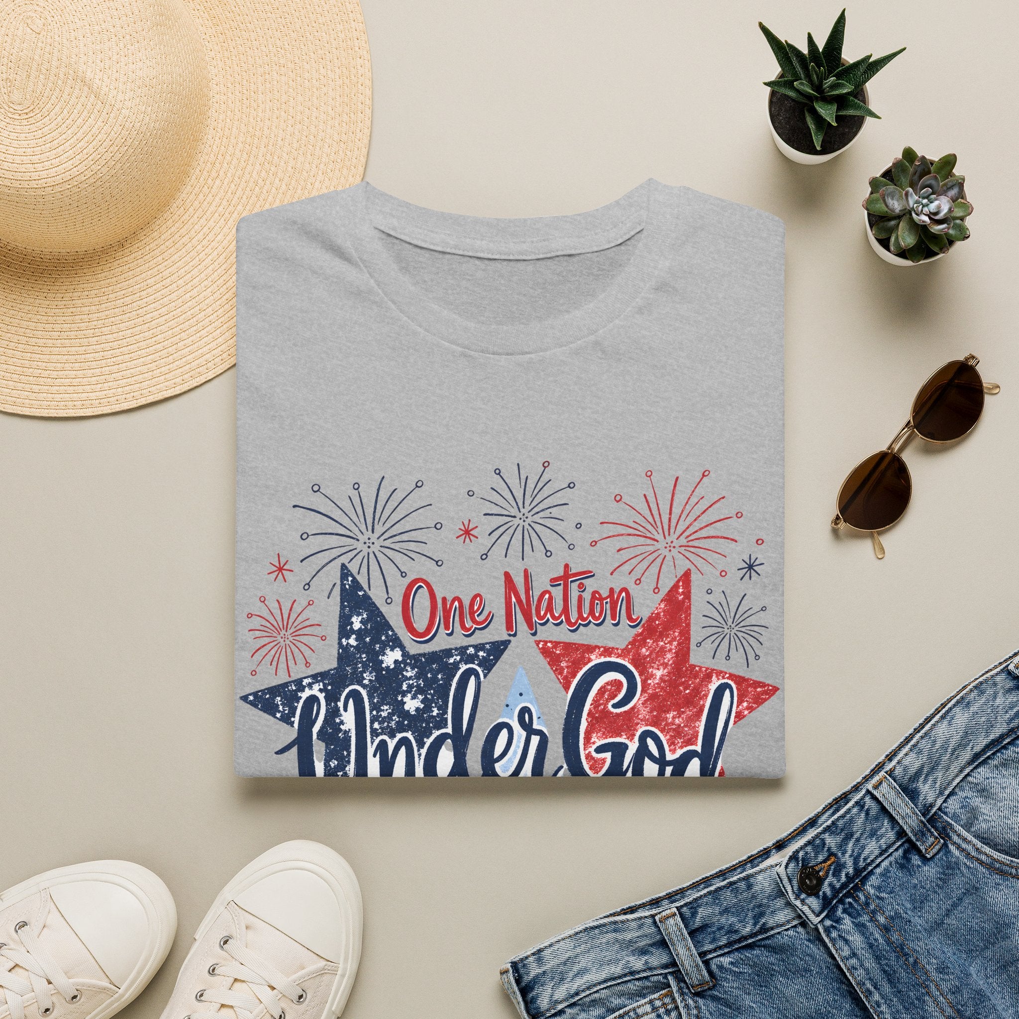 One Nation Under God T-Shirt | Patriotic Stars Fireworks Psalm 91:2