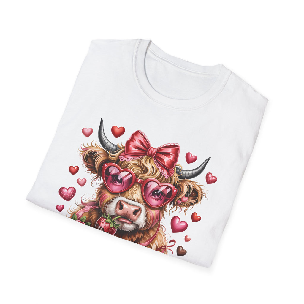 Valentine Highland Cow T-Shirt — Cute Cow with Heart Sunglasses & Bow