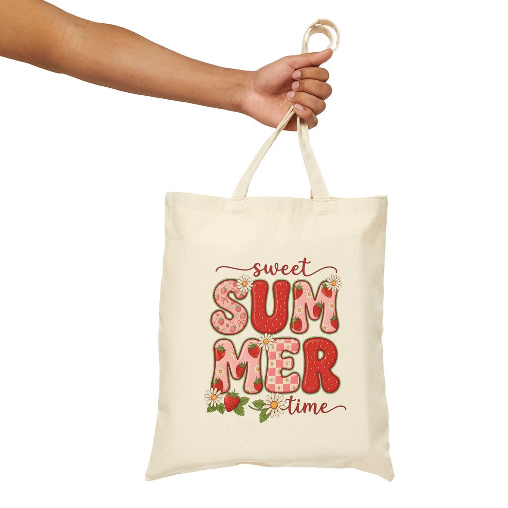 Sweet Summer Time Cotton Canvas Tote Bag | Strawberry Retro Summer Design