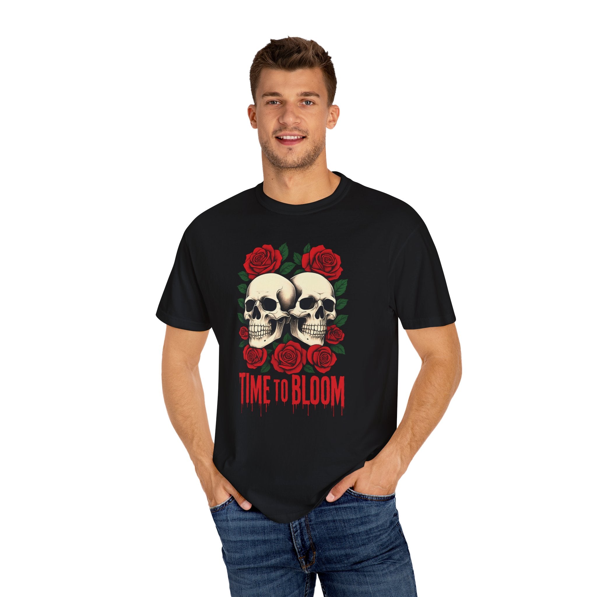 Stylish Skull & Rose Unisex T-shirt, Grunge Tee, Unisex Casual Wear, Unique Graphic Top, Gift for Goths, Time to Bloom Apparel