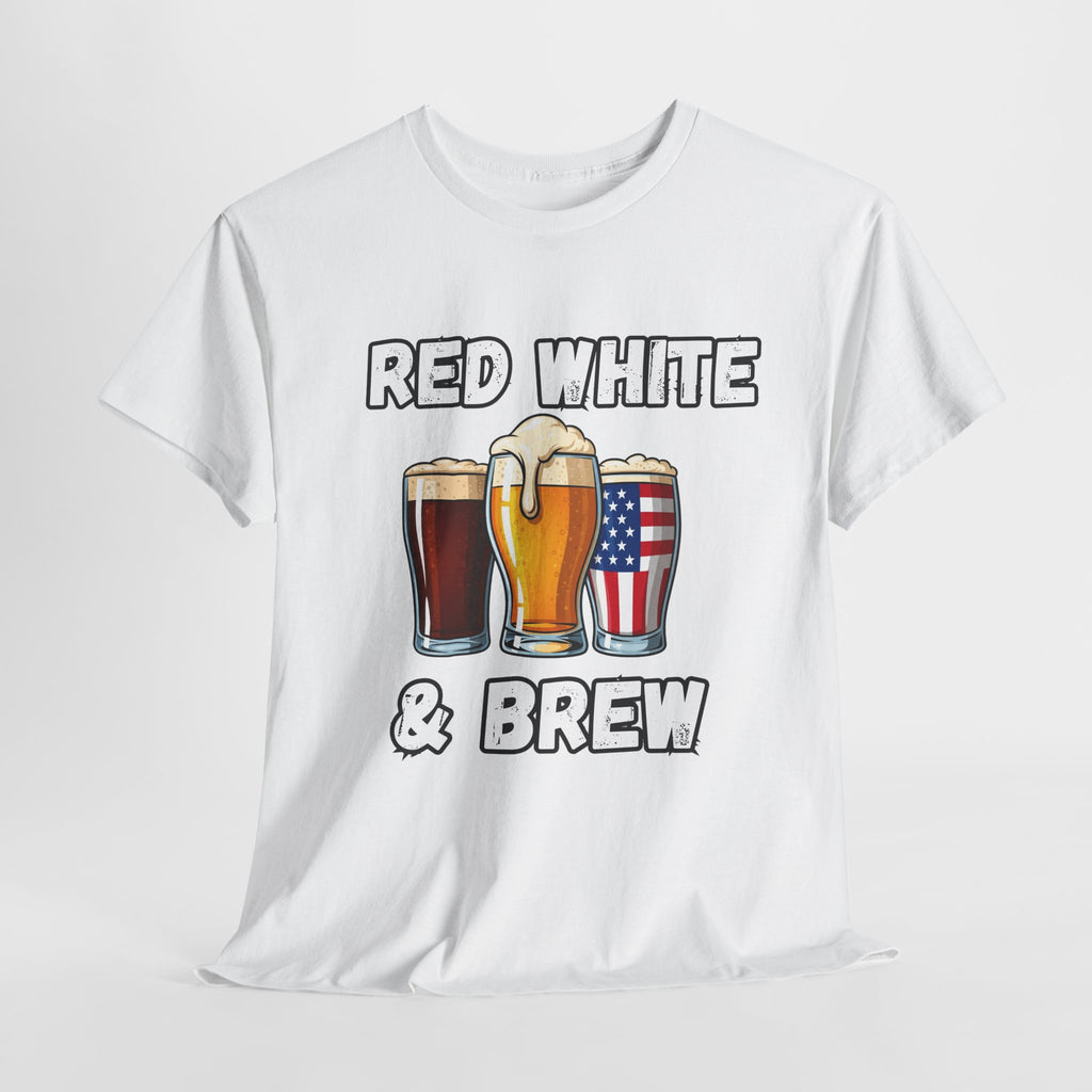 Men's Red, White & Brew Heavy Cotton Tee - Perfect for 4th of July BBQs, Independence Day, Casual Outings, Summer Fun, Beer Lovers