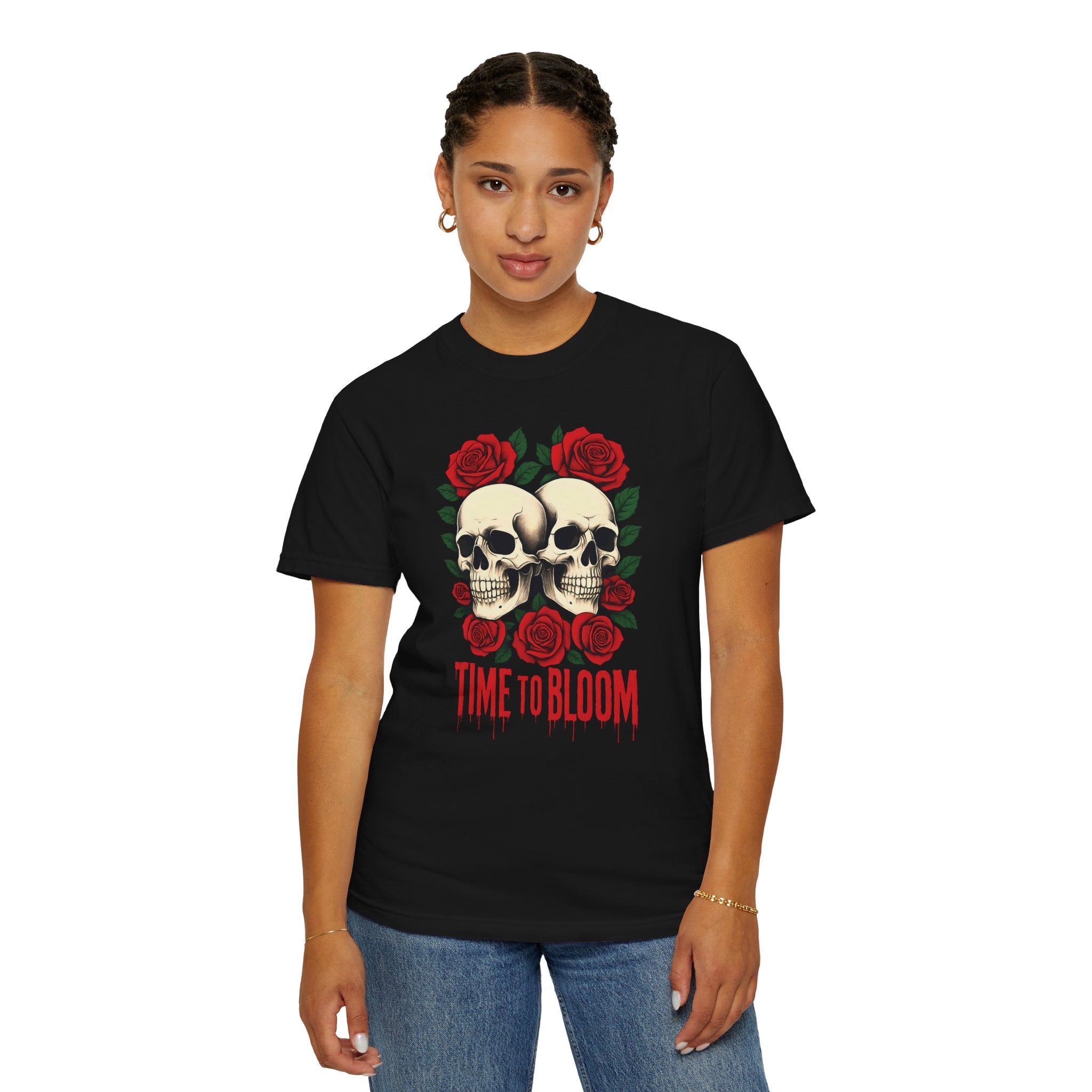 Stylish Skull & Rose Unisex T-shirt, Grunge Tee, Unisex Casual Wear, Unique Graphic Top, Gift for Goths, Time to Bloom Apparel