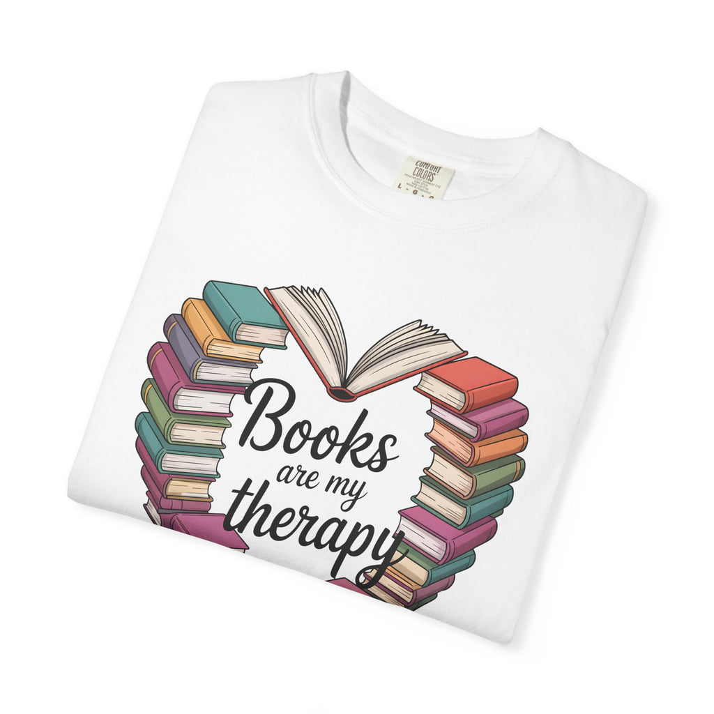 Books Are My Therapy Comfort Colors T-Shirt | Heart Stack of Colorful Books Design
