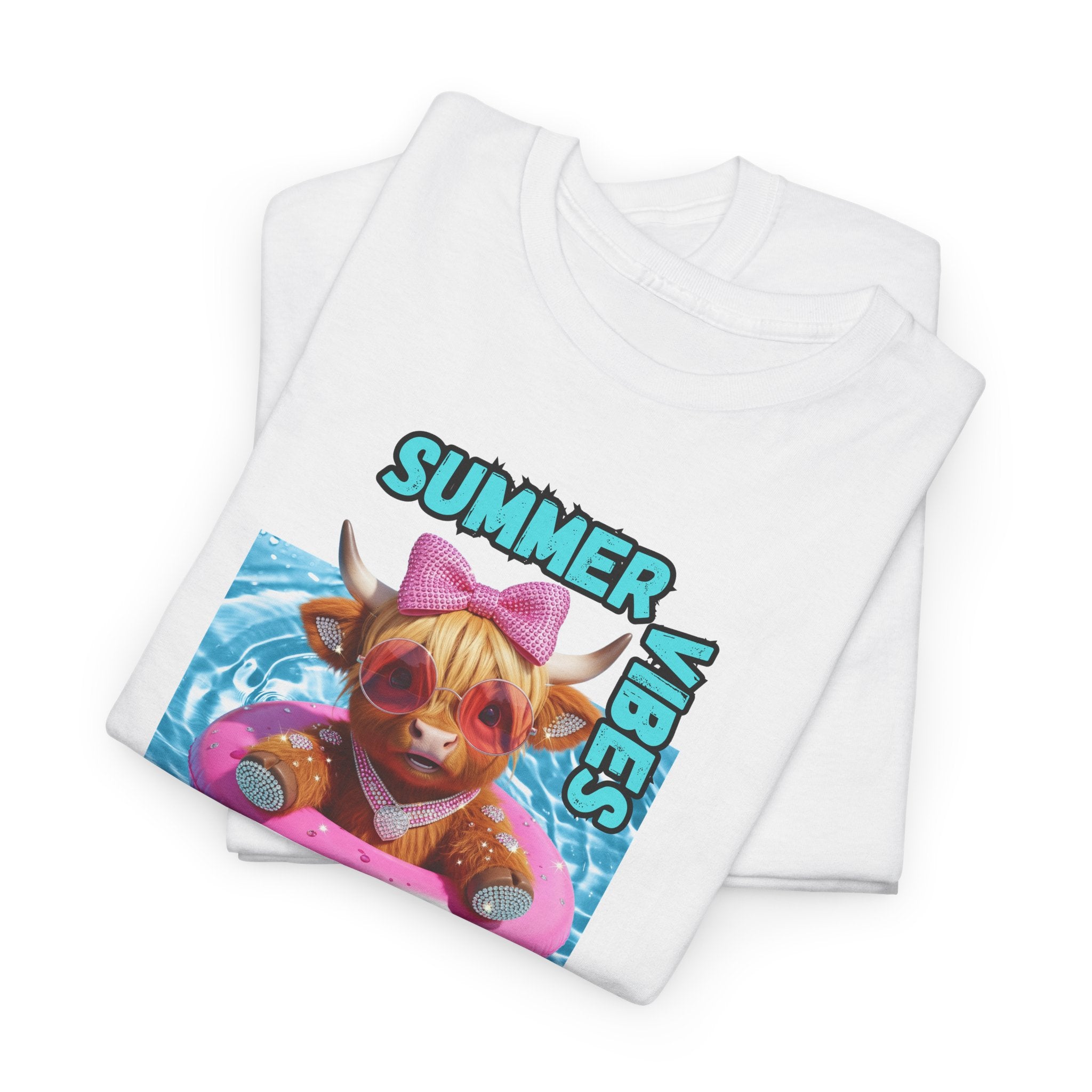 Summer Vibes Heavy Cotton Tee, Cute Cow Tee, Beach Day Shirt, Casual Summer Wear, Pet Lovers Gift, Pool Party Outfit