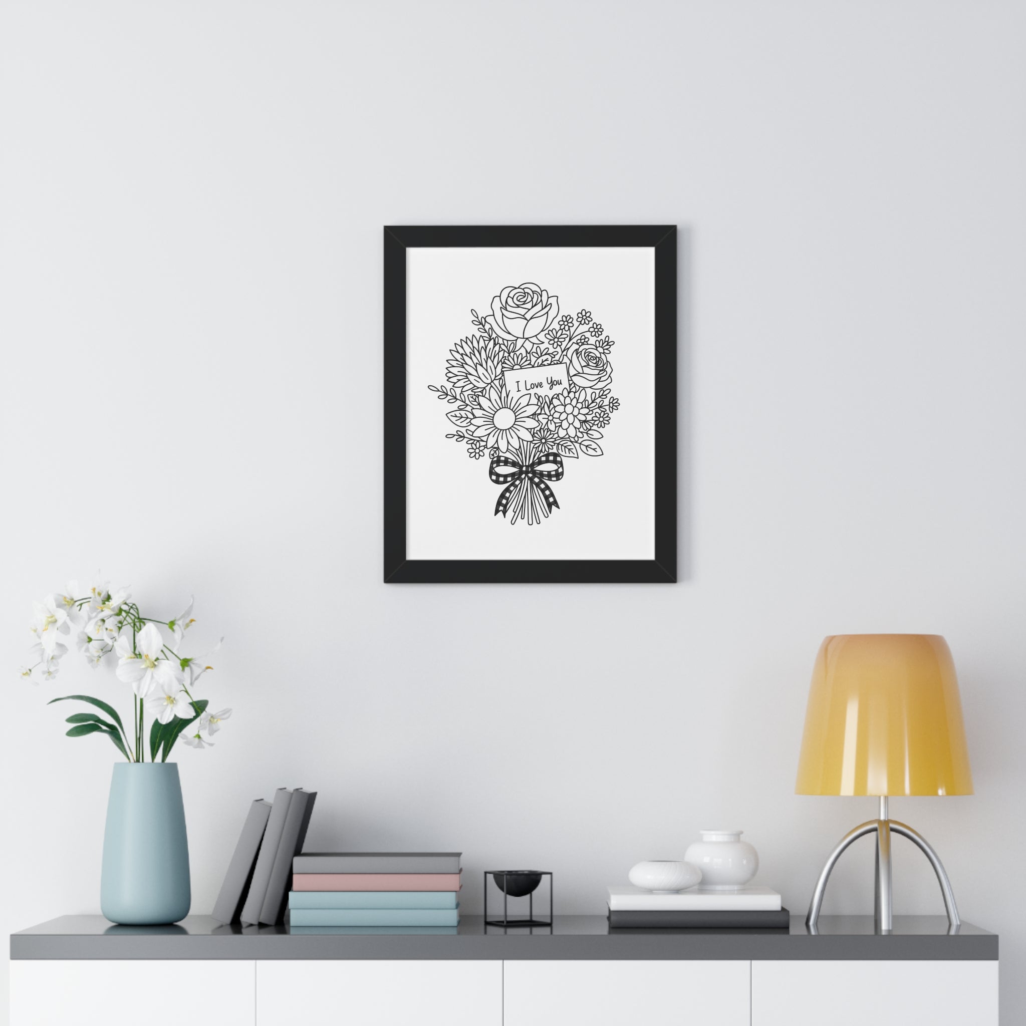I Love You Bouquet Framed Poster | Floral Line Art Vertical Print