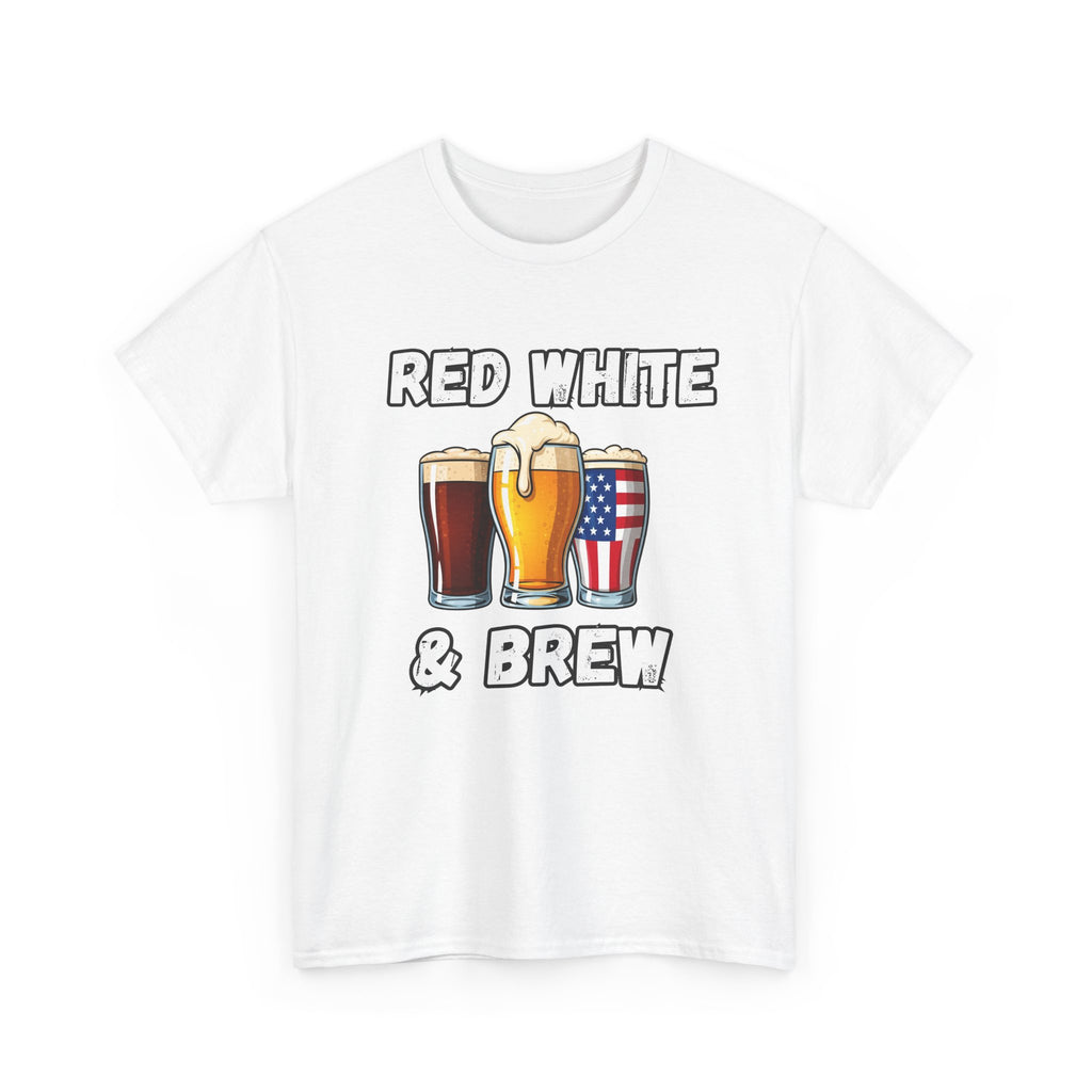Men's Red, White & Brew Heavy Cotton Tee - Perfect for 4th of July BBQs, Independence Day, Casual Outings, Summer Fun, Beer Lovers