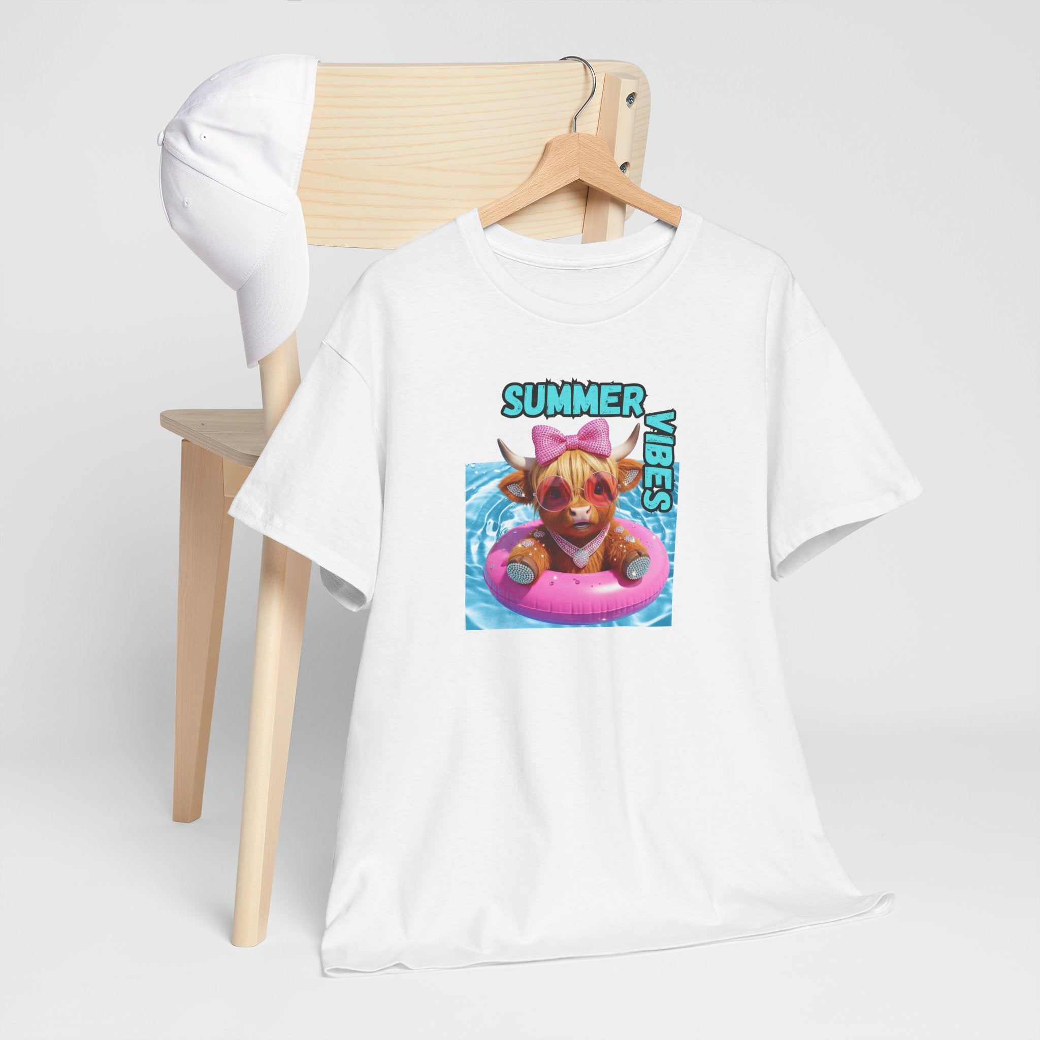 Summer Vibes Heavy Cotton Tee, Cute Cow Tee, Beach Day Shirt, Casual Summer Wear, Pet Lovers Gift, Pool Party Outfit