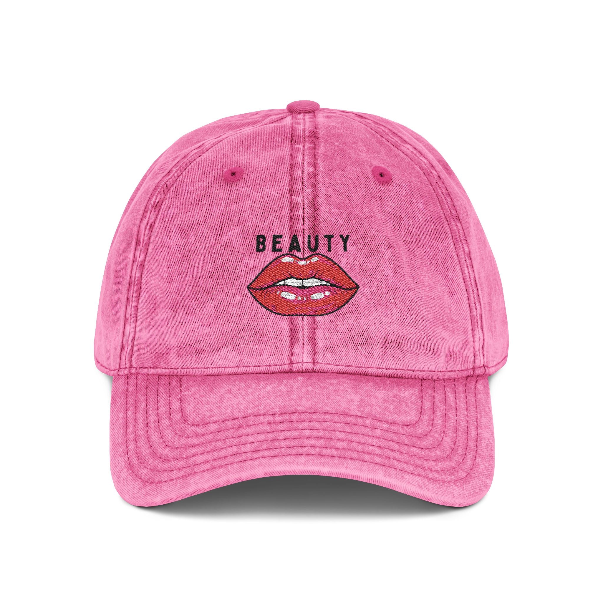 Beauty Lips Embroidered Cap | Vintage Pink Baseball Hat