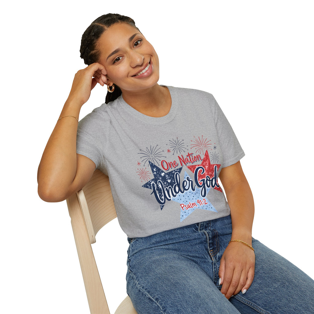 One Nation Under God T-Shirt | Patriotic Stars Fireworks Psalm 91:2