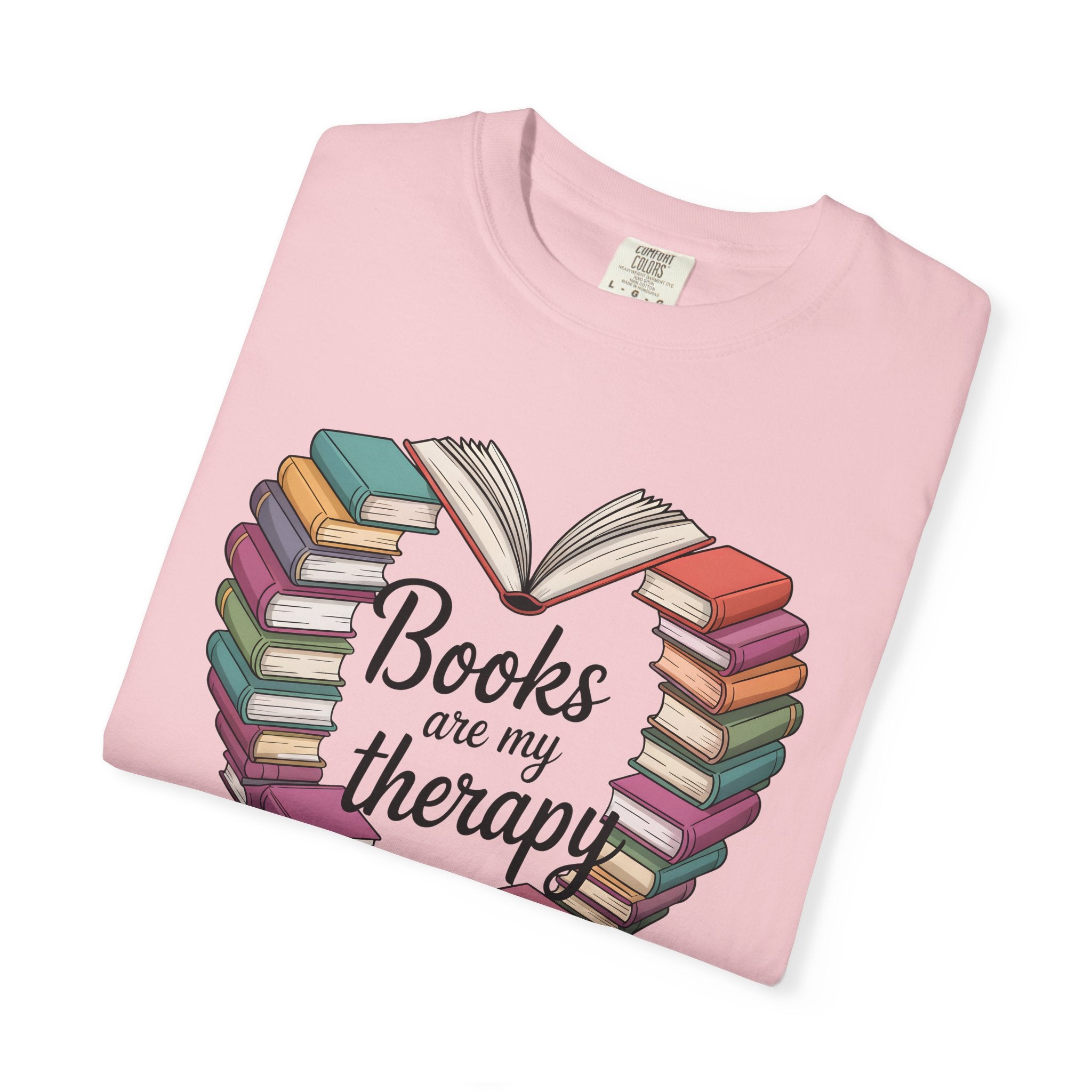 Books Are My Therapy Comfort Colors T-Shirt | Heart Stack of Colorful Books Design