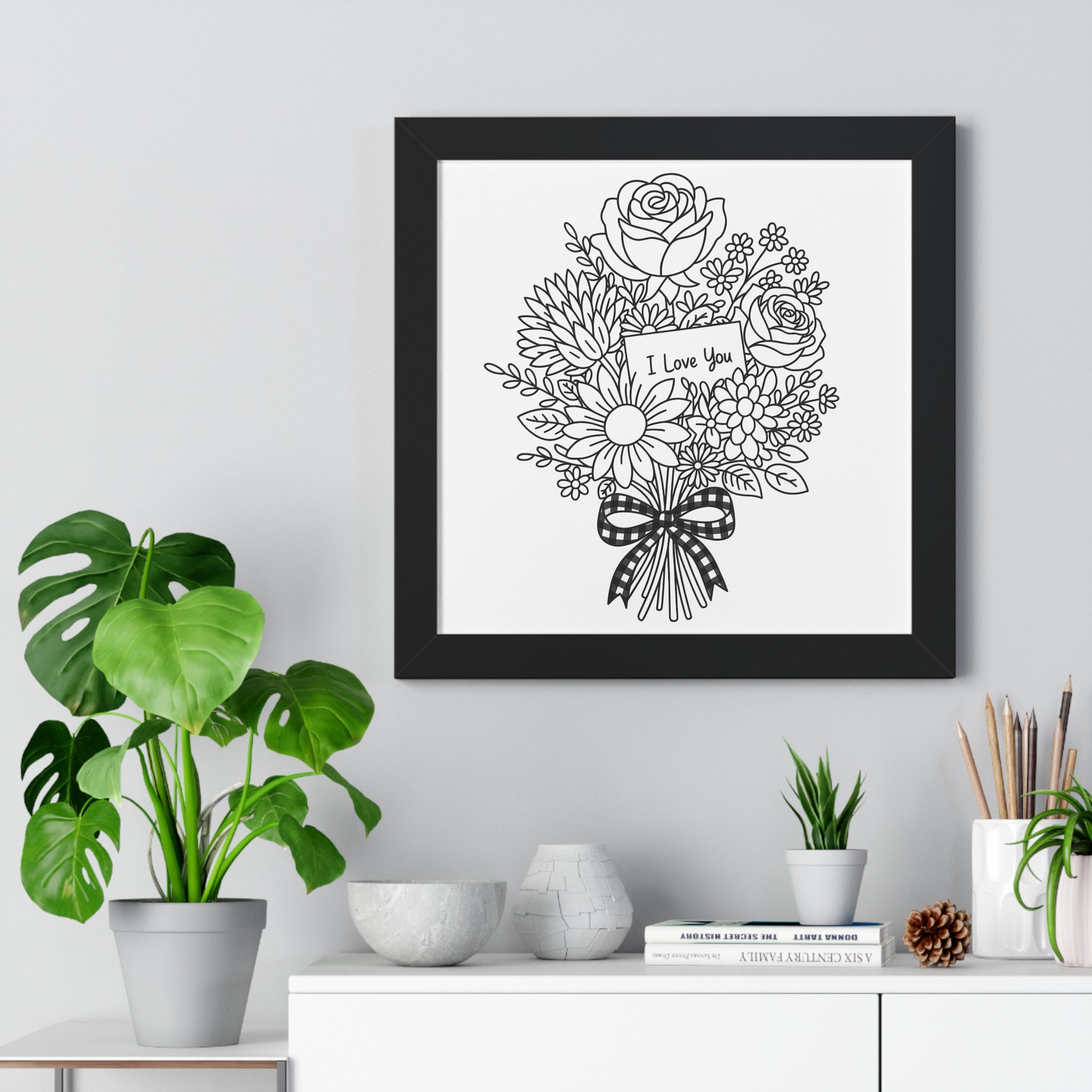 I Love You Bouquet Framed Poster | Floral Line Art Vertical Print