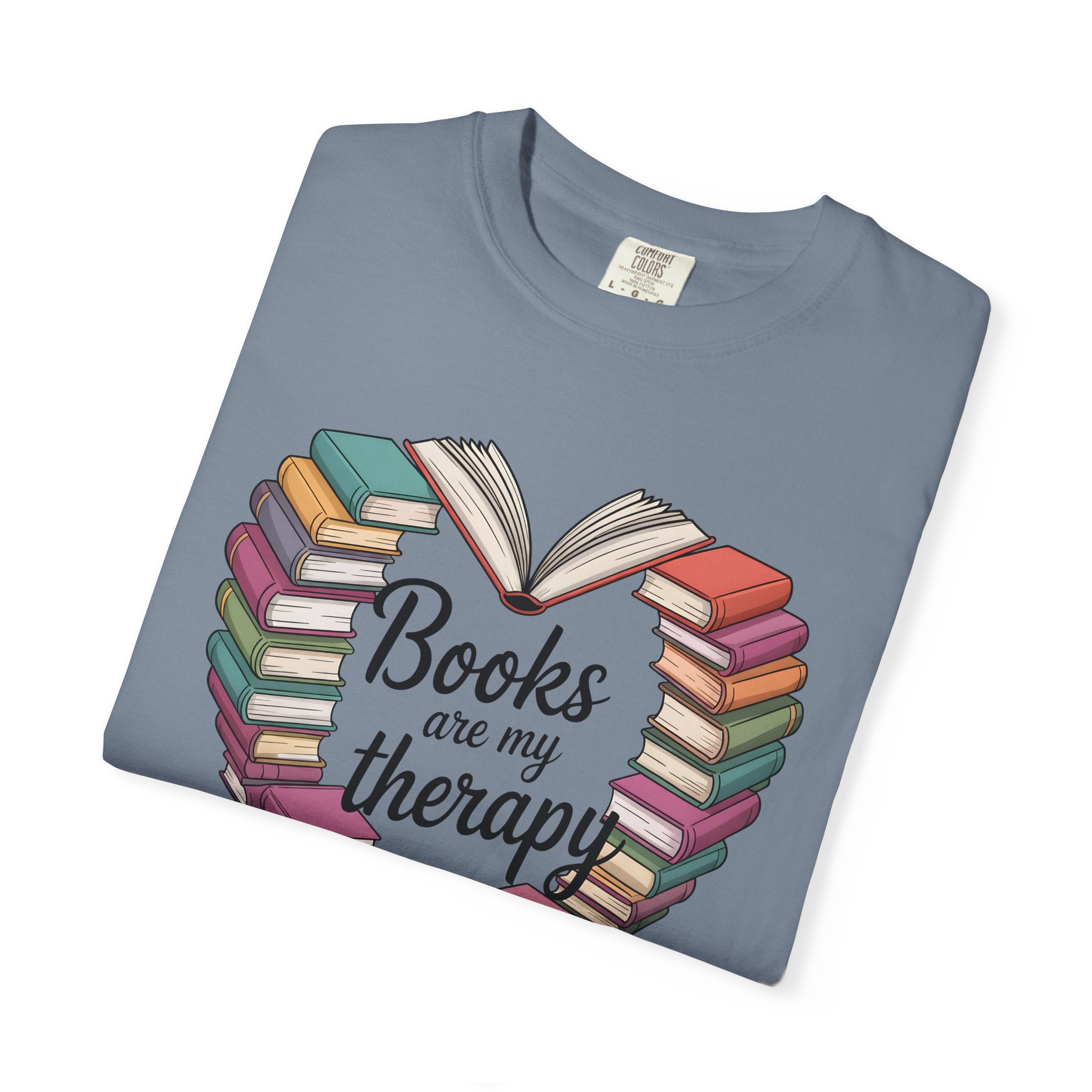 Books Are My Therapy Comfort Colors T-Shirt | Heart Stack of Colorful Books Design
