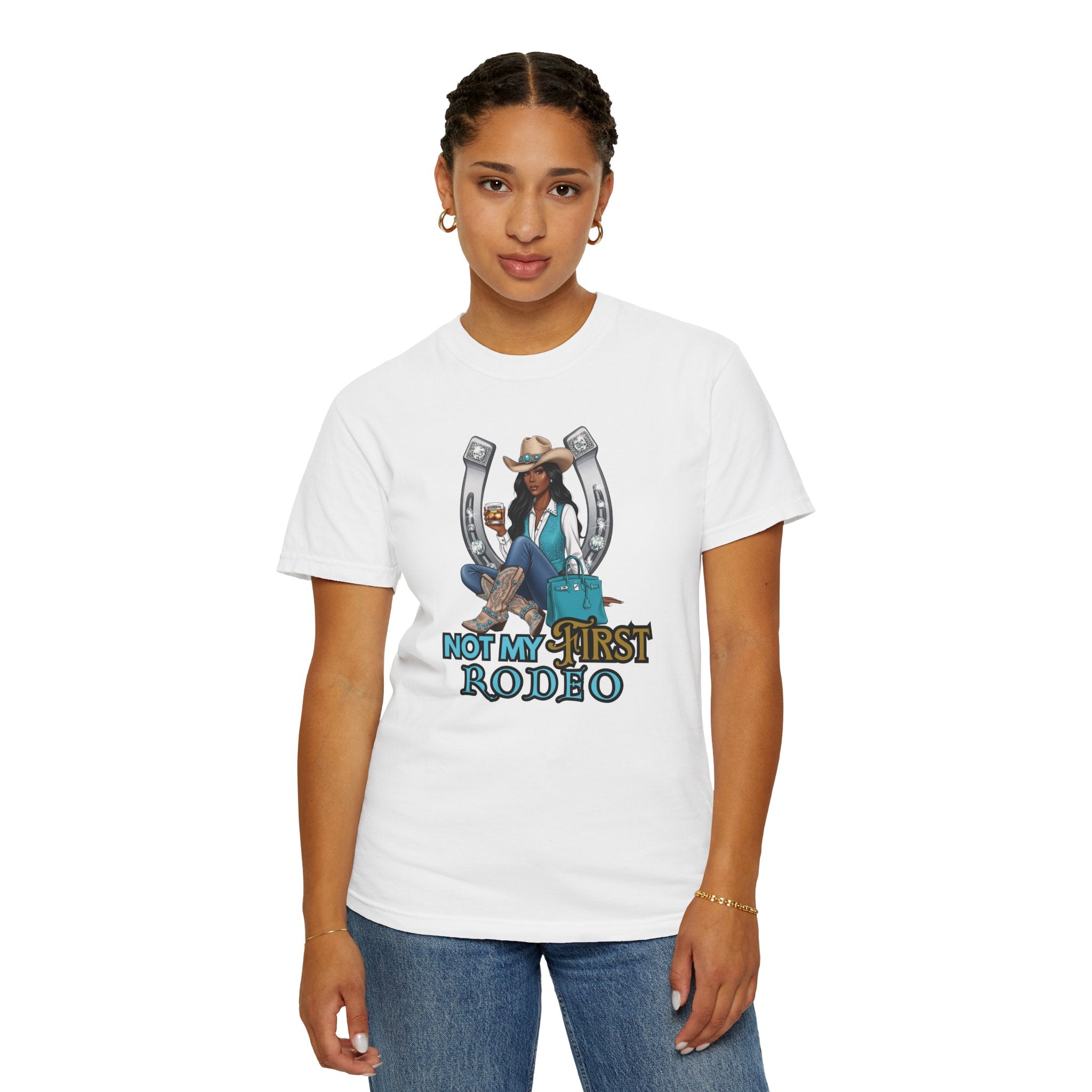 African American Cowgirl Rodeo Themed Rhinestone Shirt, 'Not My First Rodeo' Western Style Top, Rodeo Shirt, Boots On The Ground Tee