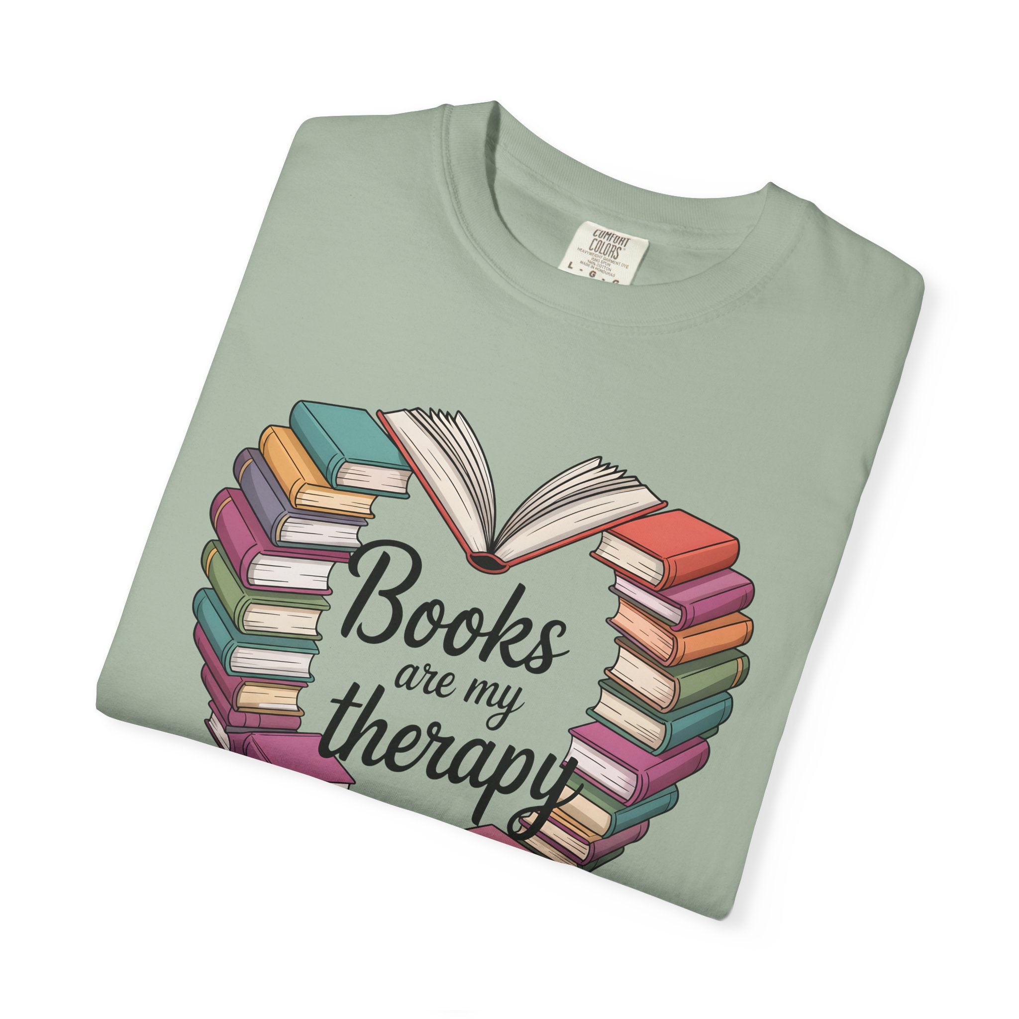 Books Are My Therapy Comfort Colors T-Shirt | Heart Stack of Colorful Books Design