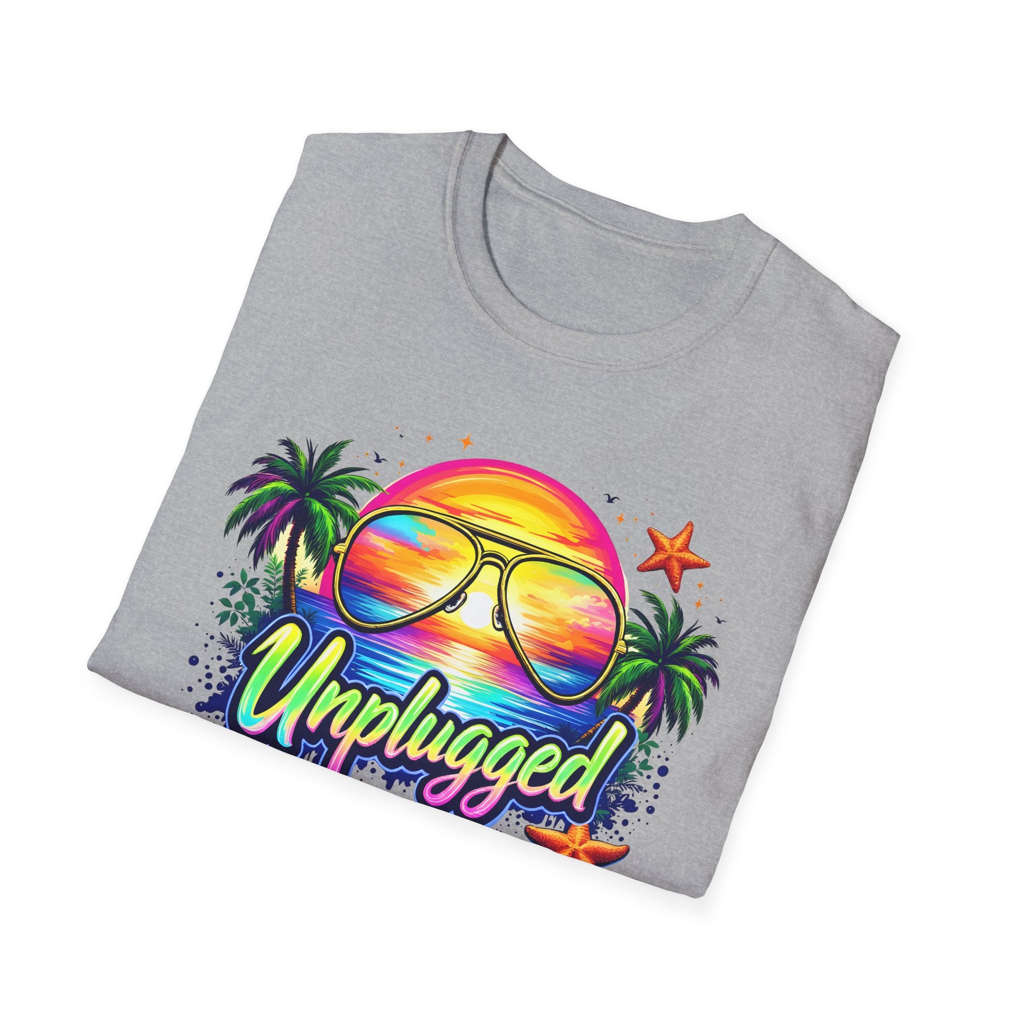 Beach Vacation T-Shirt — "Unplugged On Vacation" Tropical Sunglasses Beach Tee