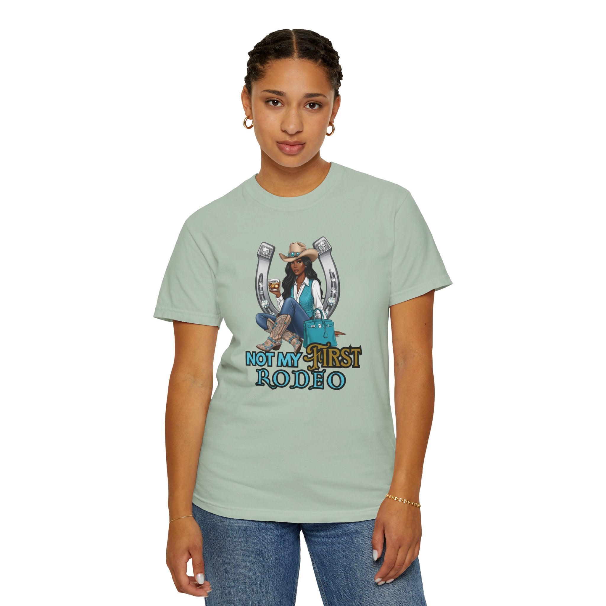 African American Cowgirl Rodeo Themed Rhinestone Shirt, 'Not My First Rodeo' Western Style Top, Rodeo Shirt, Boots On The Ground Tee