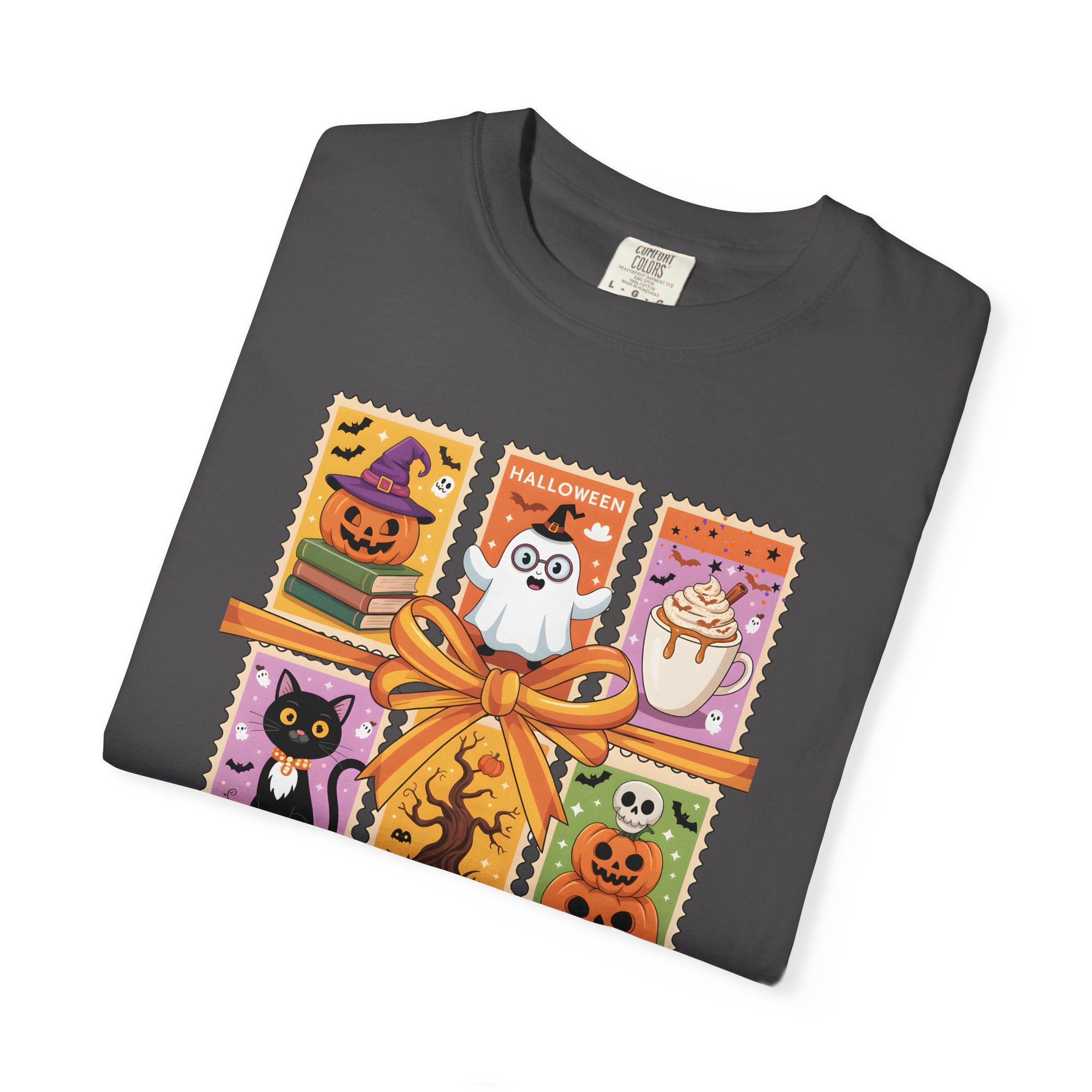 Festive Stamp Halloween Cat Ghost Pumpkin T-shirt, Cute Halloween Gift, Comfort Colors Fall Fashion Shirt, Spooky Cat Lovers
