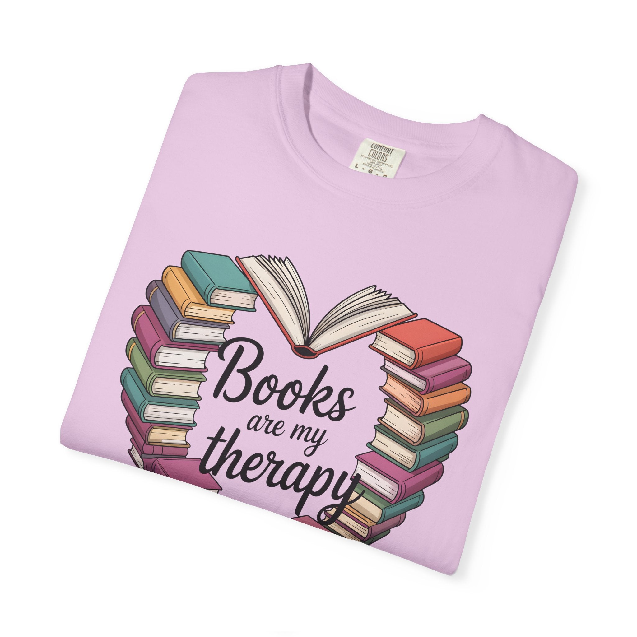 Books Are My Therapy Comfort Colors T-Shirt | Heart Stack of Colorful Books Design